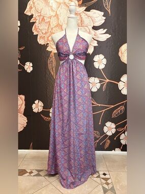 ROMANTIC Blue Pink Paisley Halter Maxi Dress Cutout Backless Boho